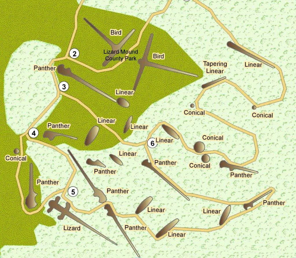 A trail diagram of the effigy mounds of birds and "underwater panthers" at Lizard Mound County Park
